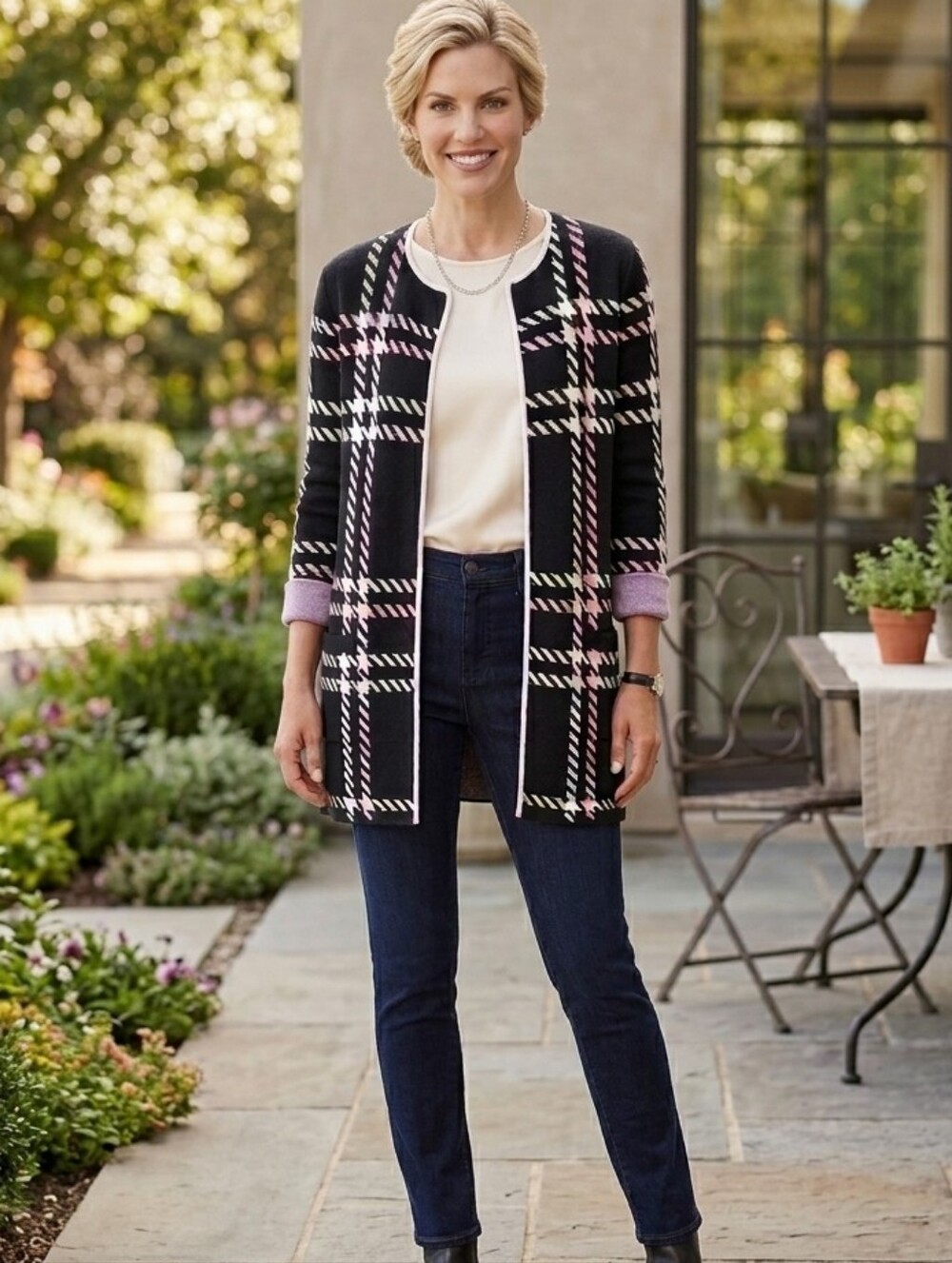 TALBOTS Black Plaid Knit Sweater Coat Snap Front | MP NWOT